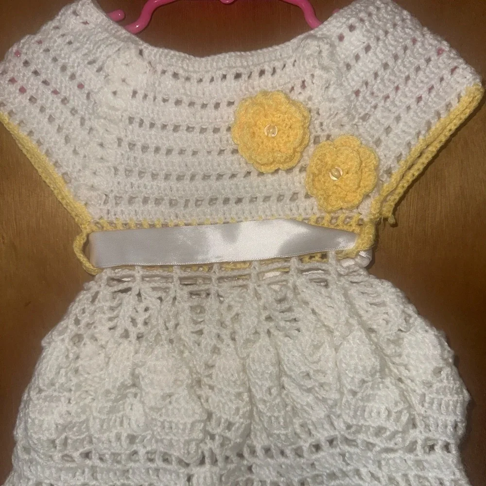 Handmade Crochet Kids Dress - White and Yellow